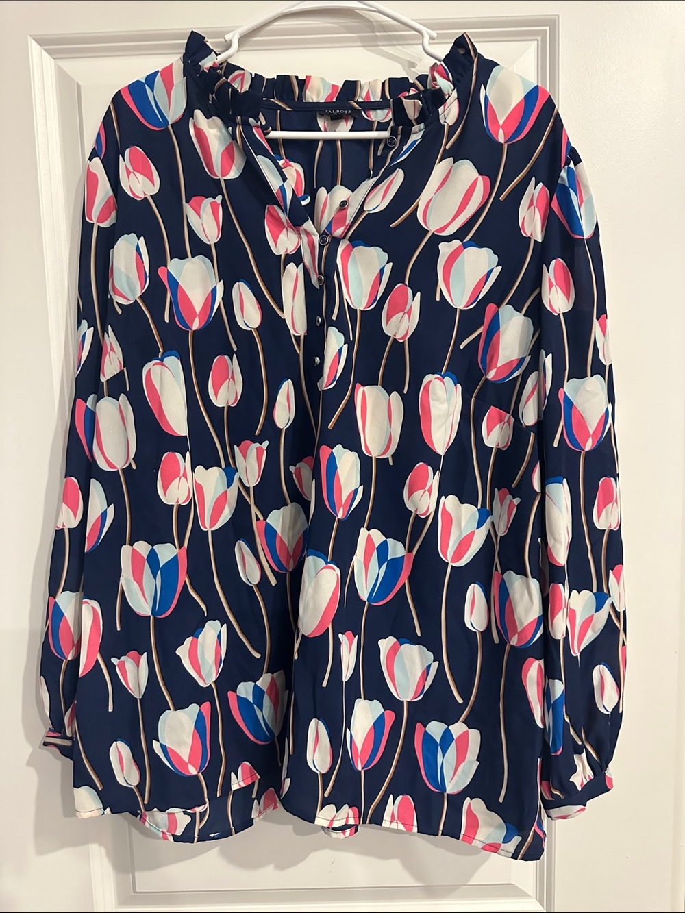 Talbots Navy Floral Tulip Peasant Blouse